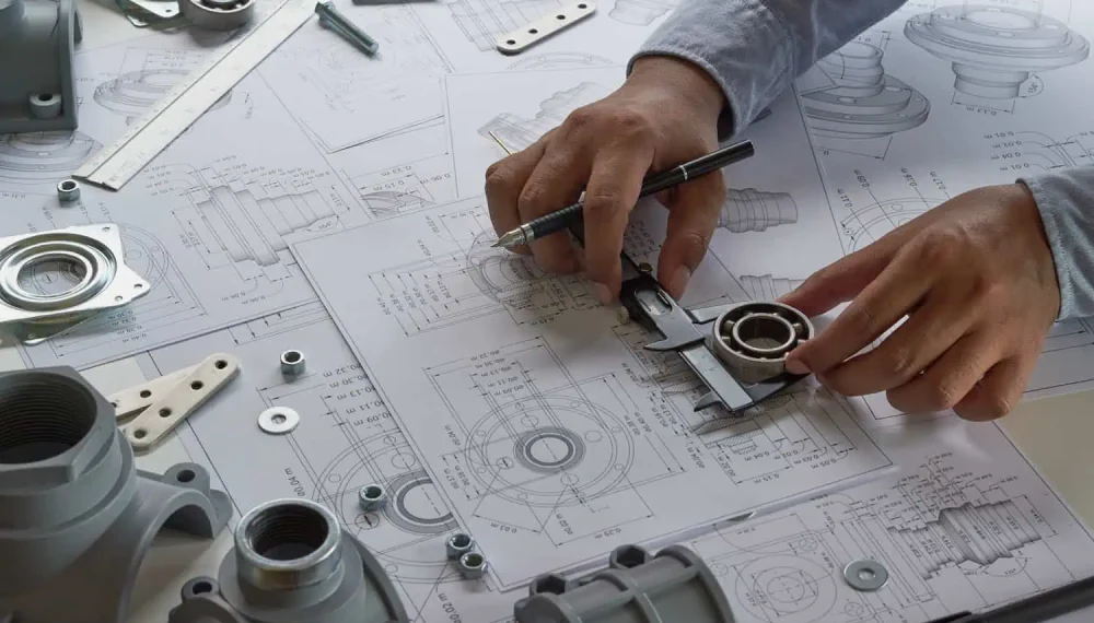 Engineer-technician-designing-drawings-mechanical-parts-